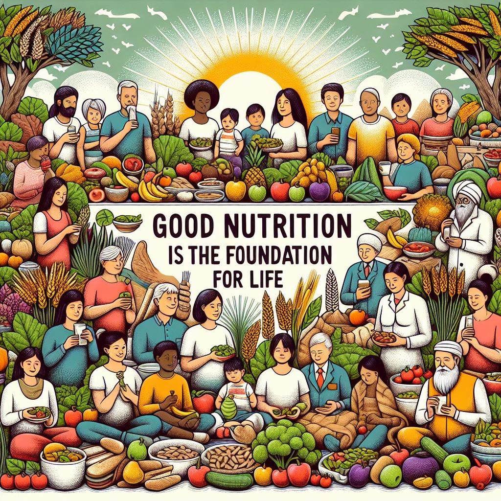 A cartoon image showing happy people with healthy food